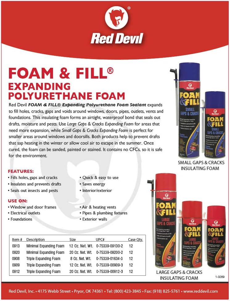 Red Devil 0920 Foam & Fill Small Gaps & Cracks Expanding Polyurethane Sealant, 20 oz, Off-White, Pack of 1