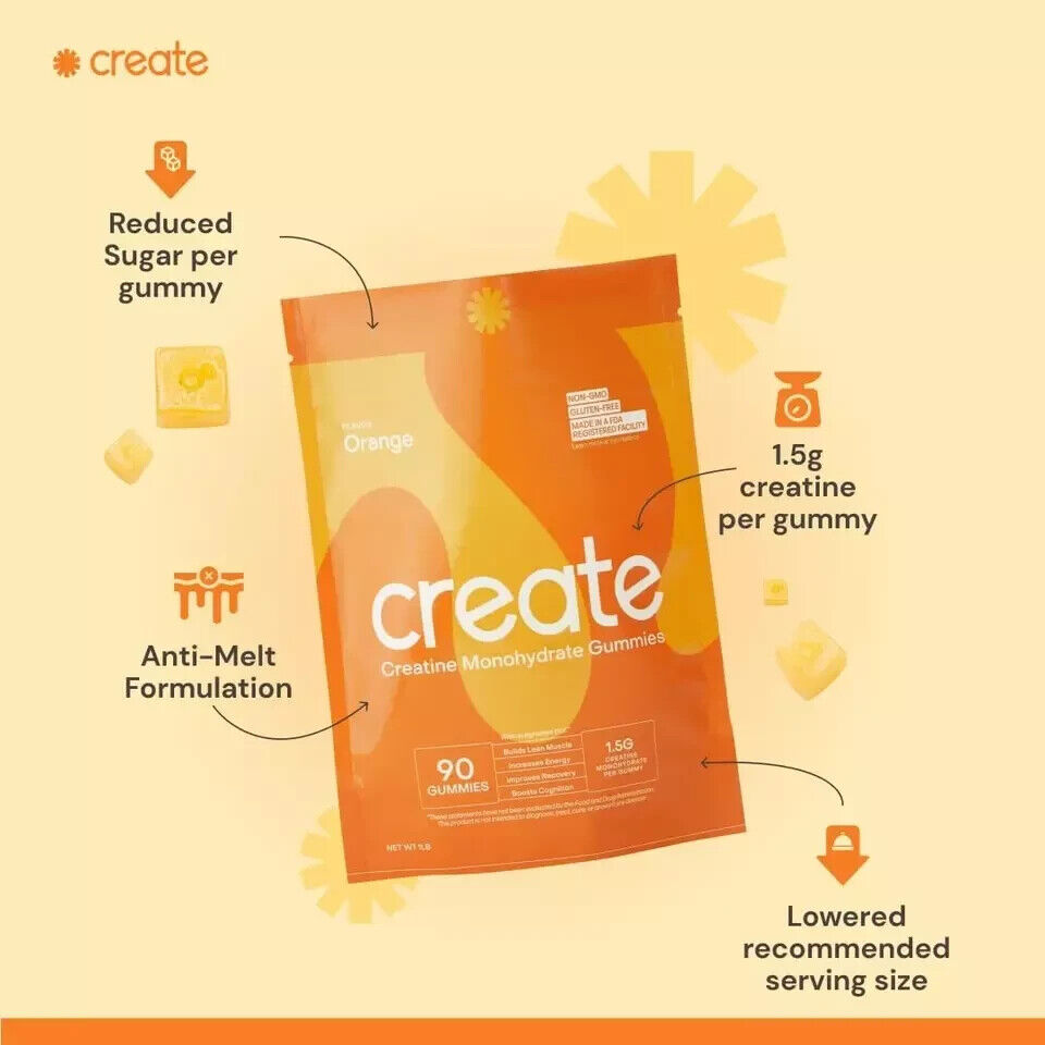 CREATE WELLNESS CREATINE MONOHYDRATE GUMMIES ORANGE FLAVOR NEW SEALED 90 COUNT